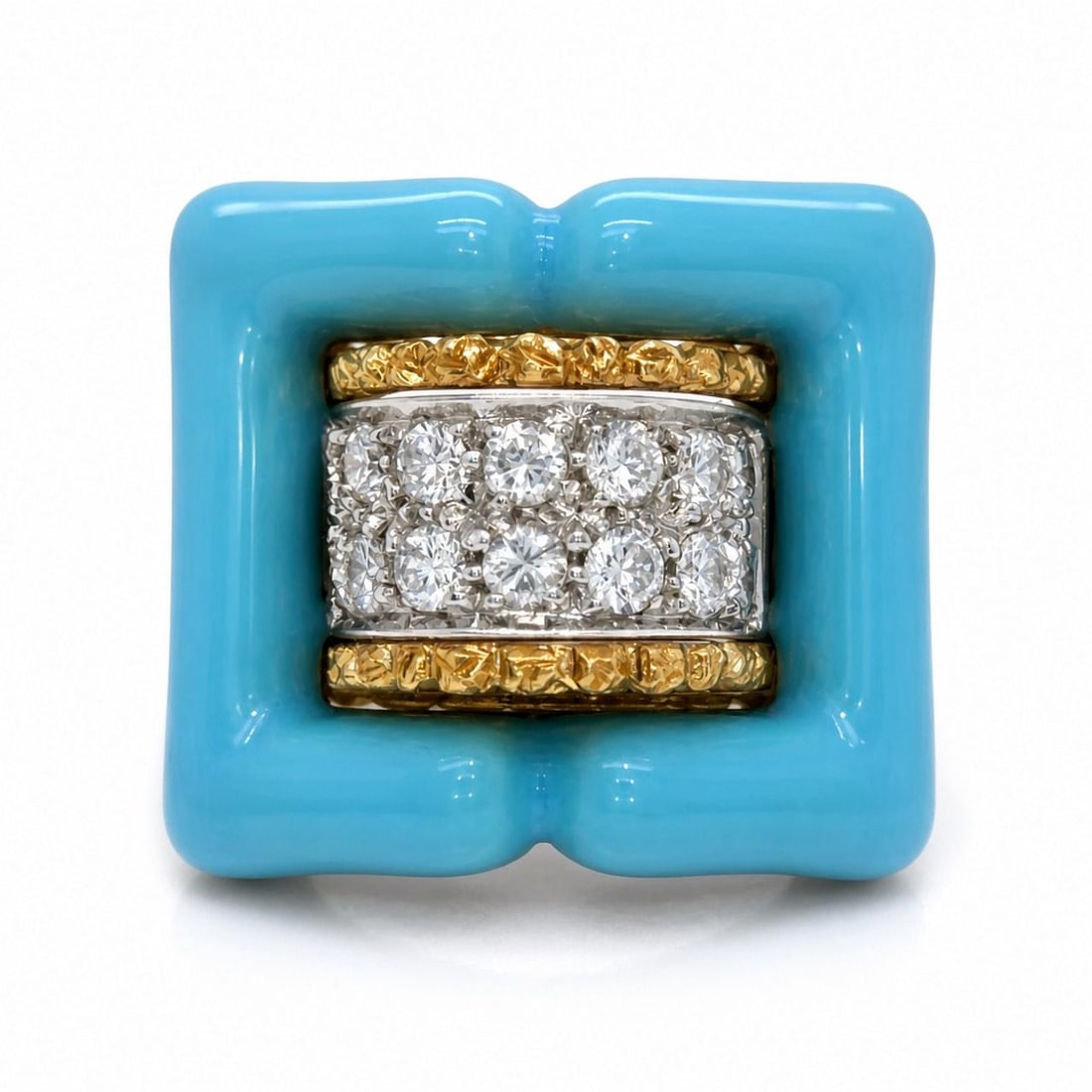 Vintage 18K Yellow Gold Diamond Ring Blue Enamel Size 5.25: Vintage 18K Yellow Gold Diamond Ring Blue Enamel Size 5.25 This 1960s ring is crafted from 18K yellow gold and features blue enamel detailing. It is set with 14 diamonds totaling approximately 0.75 ca