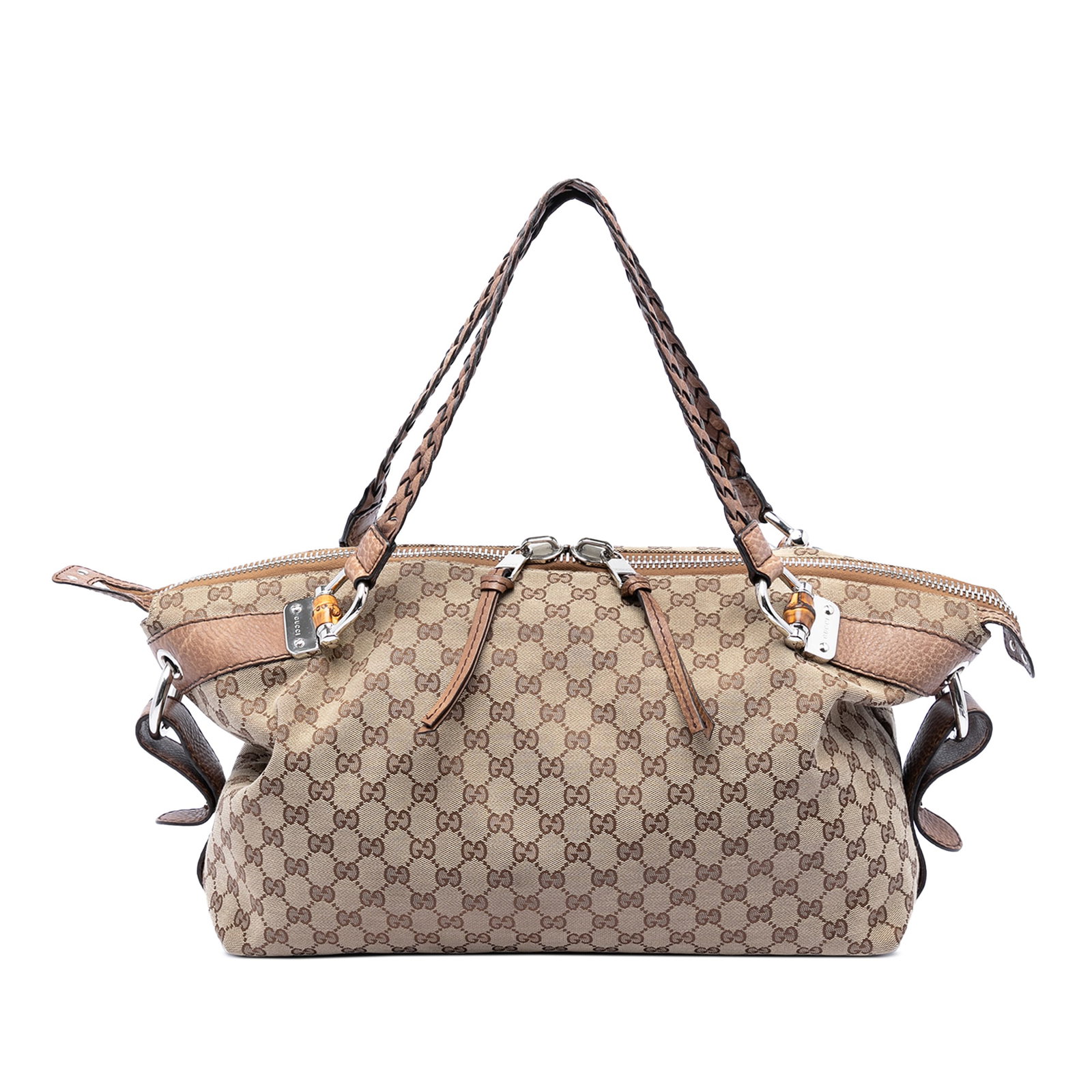 Gucci Bamboo Bar beige canvas tote: Gucci Bamboo Bar beige canvas tote This Gucci Medium GG Canvas Bamboo Bar Tote is crafted with a canvas body and leather trim, featuring braided leather straps and a top zip closure. The interior offe