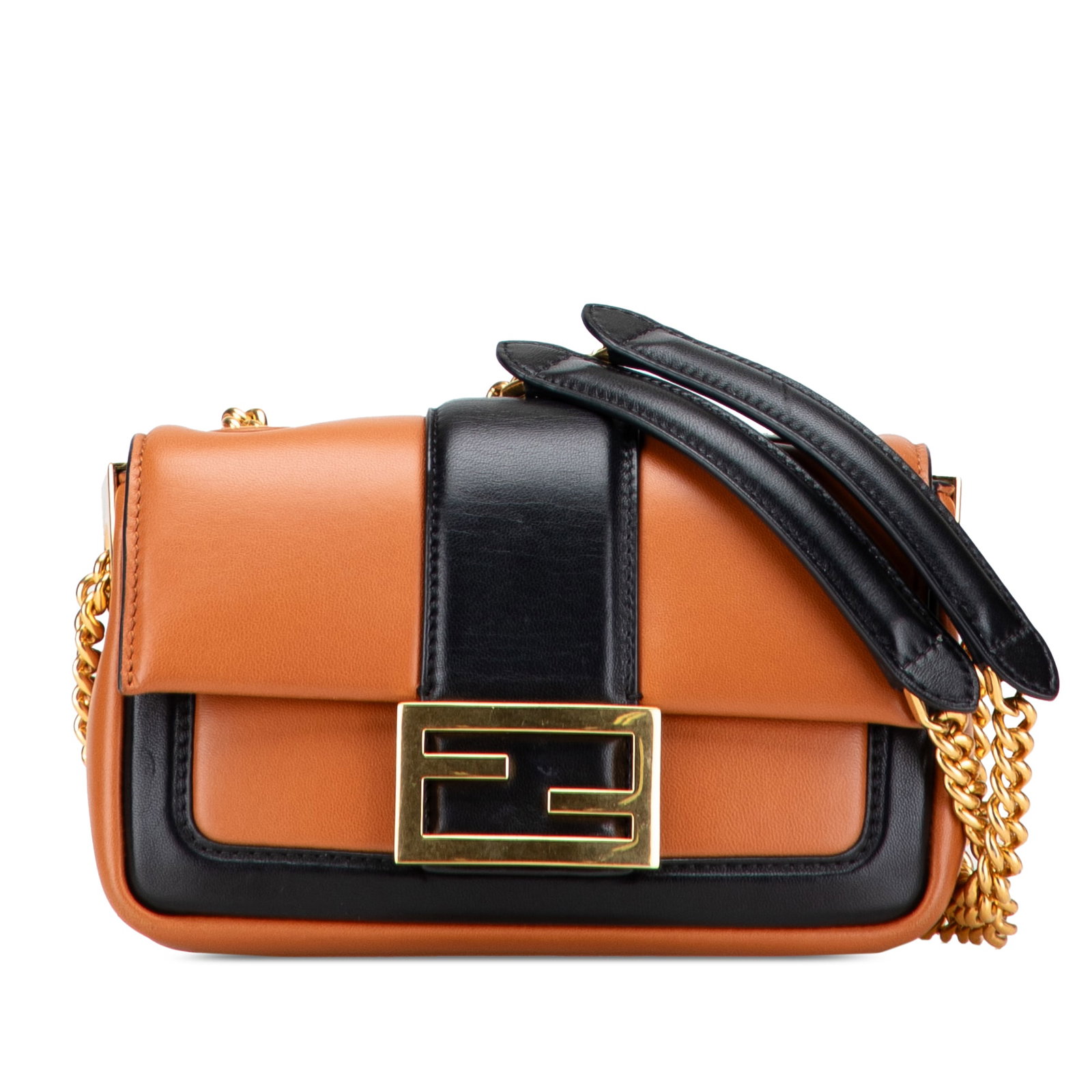 Fendi Mini Bicolor Nappa Apolo Chain Baguette Leather Shoulder Bag: Fendi Mini Bicolor Nappa Apolo Chain Baguette Leather Shoulder Bag This stylish Fendi Mini Bicolor Nappa Apolo Chain Baguette Shoulder Bag showcases a luxurious nappa leather construction. It features