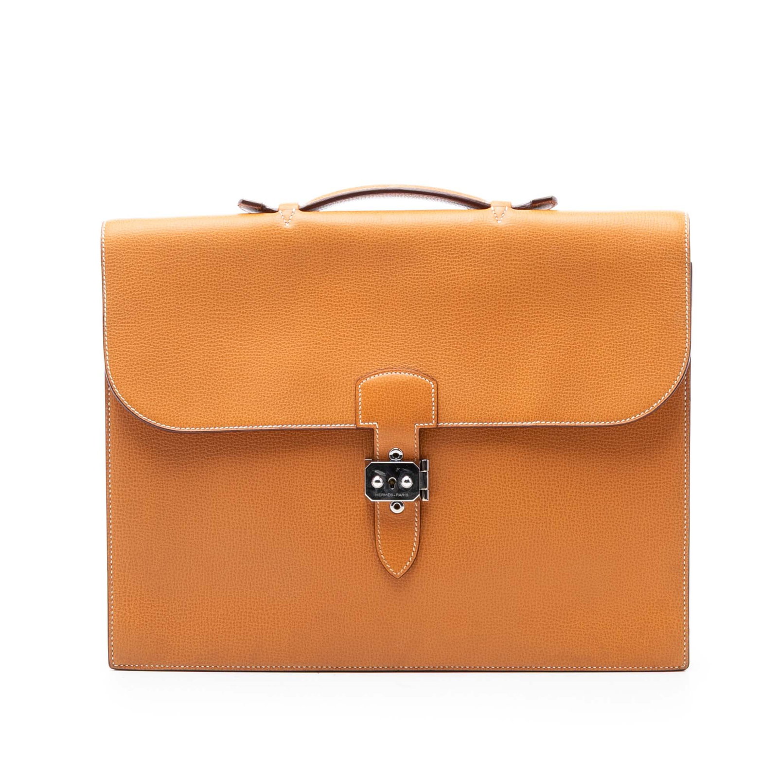 Hermes Barenia leather Sac a Depeches 38 briefcase: Hermes Barenia leather Sac a Depeches 38 briefcase This Hermes Barenia Sac a Depeches 38 is a refined briefcase crafted from Barenia leather in a gold brown color. It features a flat top handle and a 
