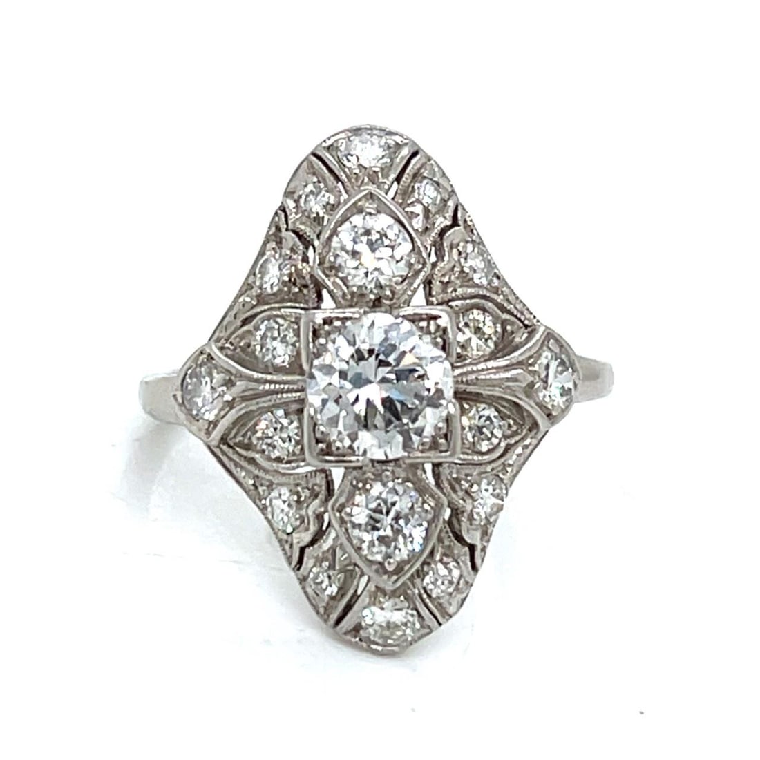 Art Deco Palladium 2.10 Ct Diamond Ring E-F VVS Clarity: Art Deco Palladium 2.10 Ct Diamond Ring E-F VVS Clarity This stunning Art Deco ring features a luxurious palladium setting, showcasing a central diamond weighing approximately 1.00 Ct. The diamond is 