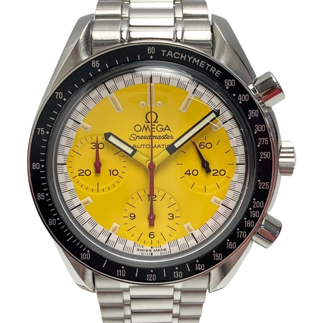 OMEGA Schumacher Speedmaster 3510.12 Yellow Chronograph Men's Watch: OMEGA Schumacher Speedmaster 3510.12 Yellow Chronograph Men's Watch This OMEGA Speedmaster Racing Schumacher Chronograph 3510.12 is a men's wristwatch featuring a stainless steel case and a vibrant ye