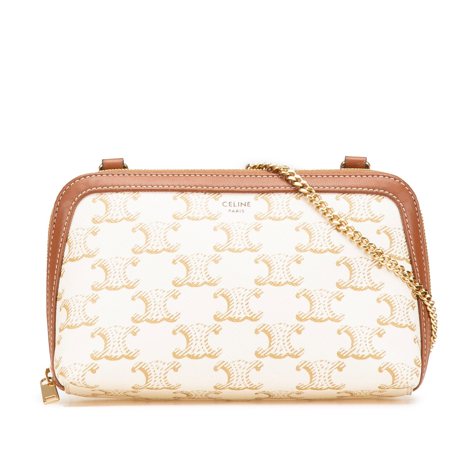 Celine Triomphe White Coated Canvas Clutch with Chain Strap: Celine Triomphe White Coated Canvas Clutch with Chain Strap This elegant Celine Triomphe Coated Canvas Clutch On Chain is a stylish crossbody bag crafted from coated canvas with leather trim. It featu