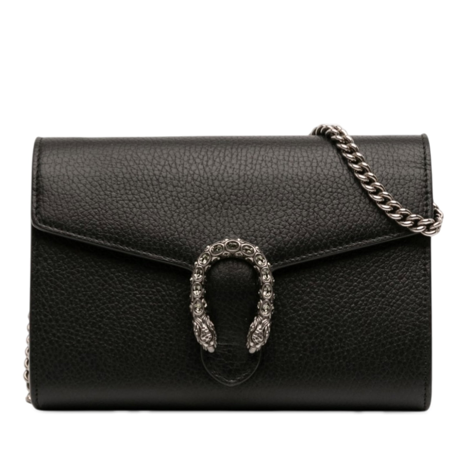 Gucci Dionysus black calfskin chain wallet bag: Gucci Dionysus black calfskin chain wallet bag This Gucci Calfskin Dionysus Wallet on Chain is crafted from quality leather in a sleek black hue. The design features a chain link shoulder strap, a fro
