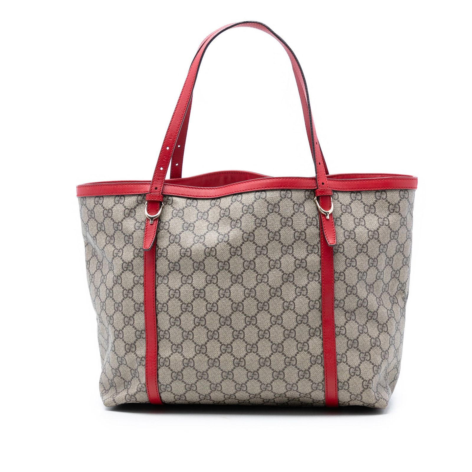Beige GG Supreme Nice Tote by Gucci Coated Canvas with Leather Trim: Beige GG Supreme Nice Tote by Gucci Coated Canvas with Leather Trim This Gucci GG Supreme Nice Tote features a beige coated canvas body with leather trim and adjustable flat leather straps. The tote h