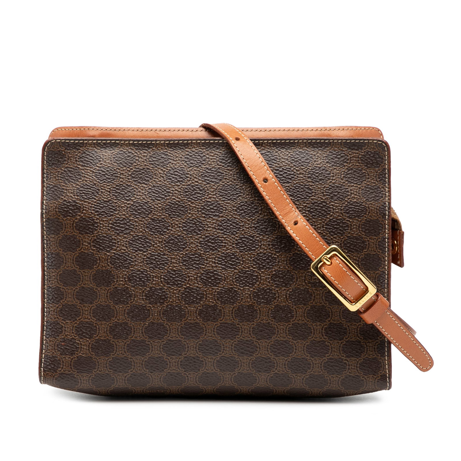 Celine Macadam Brown Coated Canvas Crossbody Bag with Leather Trim: Celine Macadam Brown Coated Canvas Crossbody Bag with Leather Trim This Celine Macadam crossbody bag features a coated canvas body with leather trim, an adjustable flat leather strap, a top zip compar
