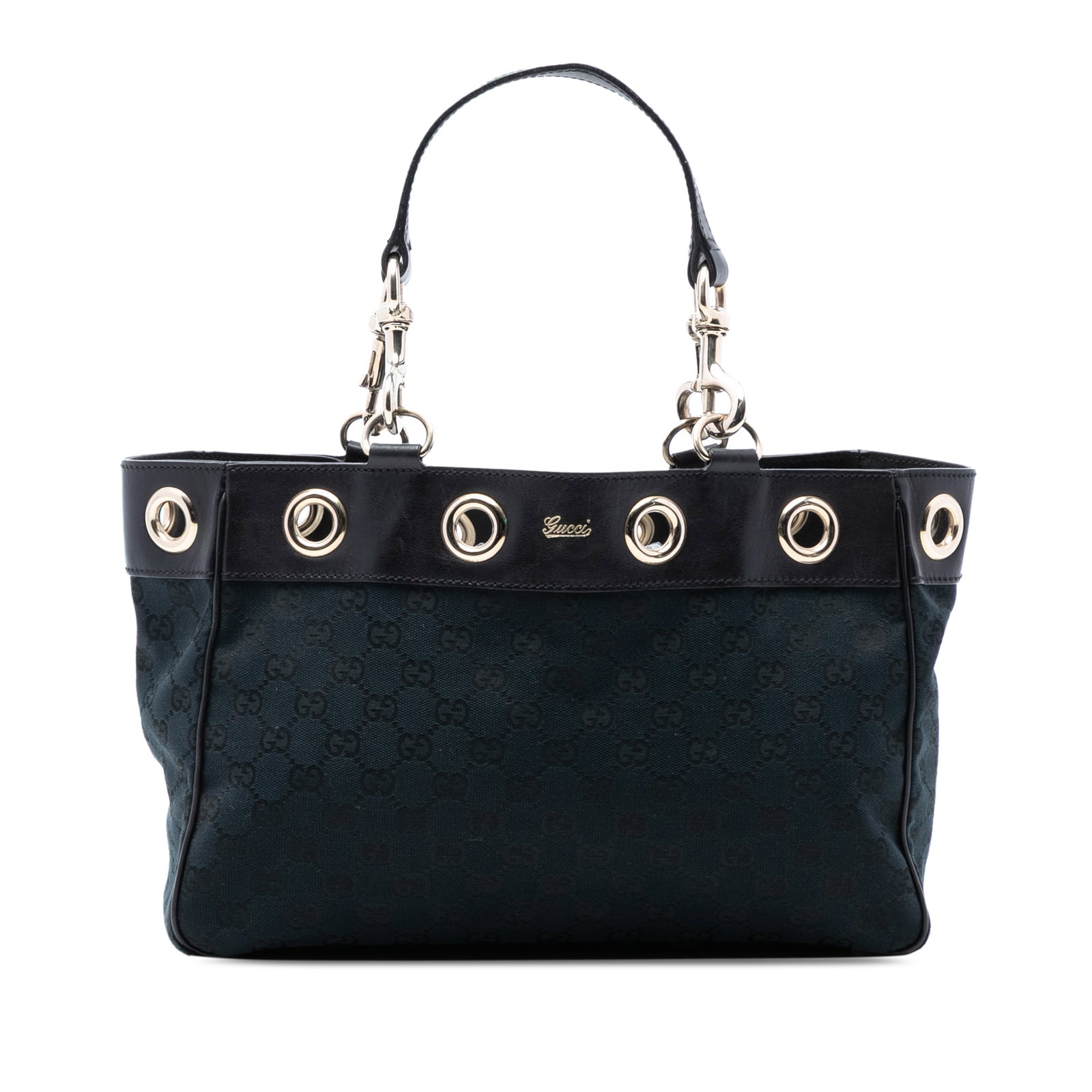 Gucci Positano Medium Canvas Tote with Leather Trim Black Italy: Gucci Positano Medium Canvas Tote with Leather Trim Black Italy The Gucci Medium GG Canvas Positano Tote features a canvas body with leather trim, flat leather straps, an open top, and interior zip an