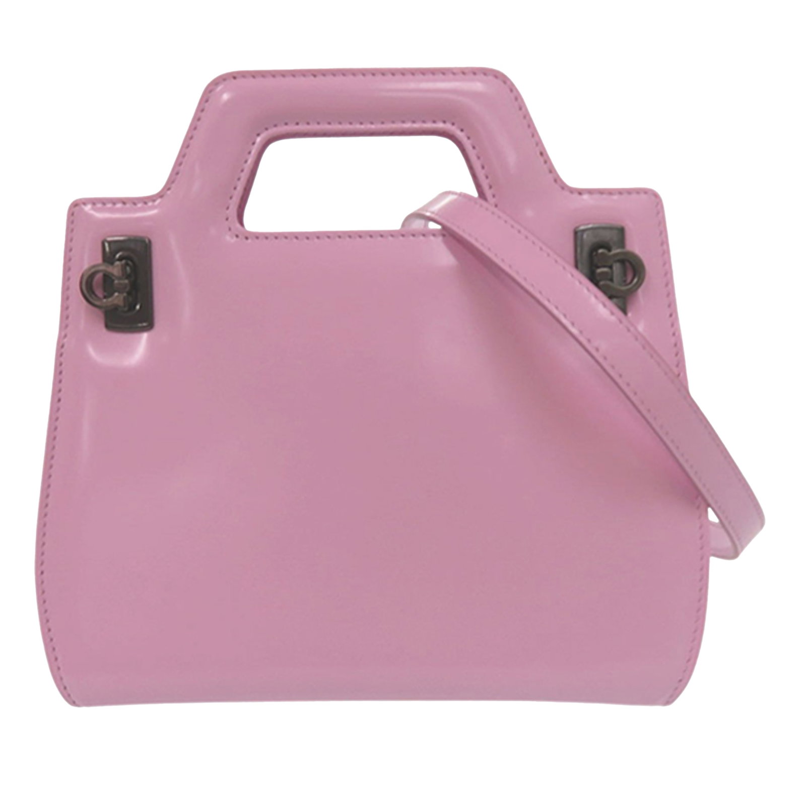 Ferragamo Wanda Pink Leather Top Handle Satchel: Ferragamo Wanda Pink Leather Top Handle Satchel This Ferragamo Micro Brushed Calfskin Wanda Top Handle Bag is crafted from pink leather and features cut-out handles, a flat leather shoulder strap, an 