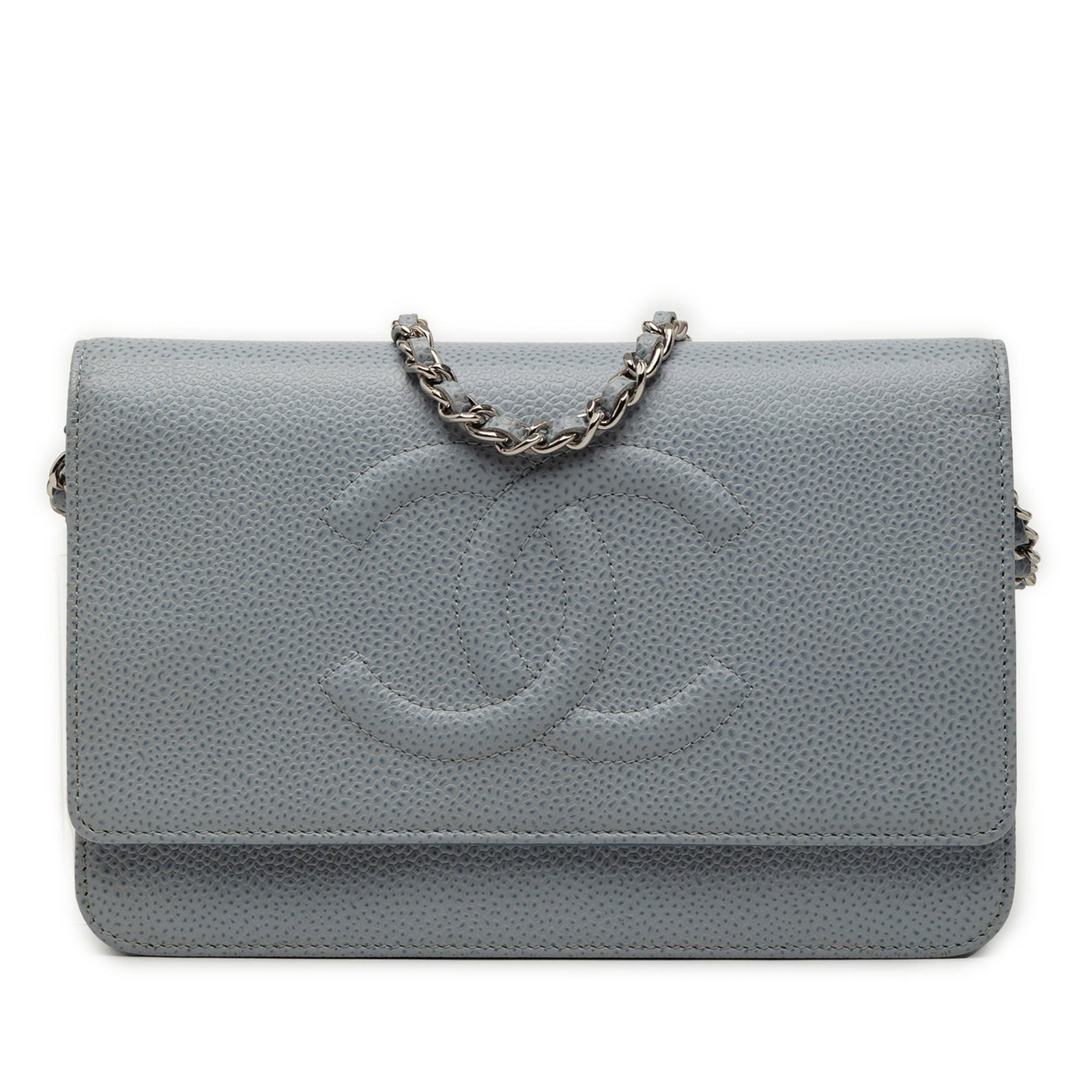 Chanel Caviar Leather Wallet on Chain Gray Shoulder Bag: Chanel Caviar Leather Wallet on Chain Gray Shoulder Bag The Chanel CC Caviar Wallet On Chain features a gray caviar leather body, a leather-woven chain link strap, a top flap with a magnetic closure, 