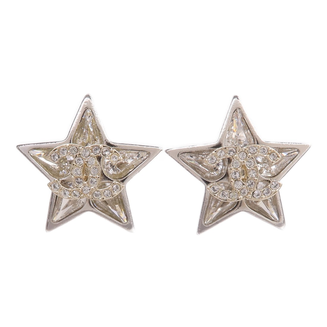 CHANEL Silver CC Pierced Earrings: CHANEL Silver CC Pierced Earrings These CHANEL CC pierced earrings feature a distinctive metal design in a clear colorway. Designed for women, they are crafted with materials and metal listed as 'Othe