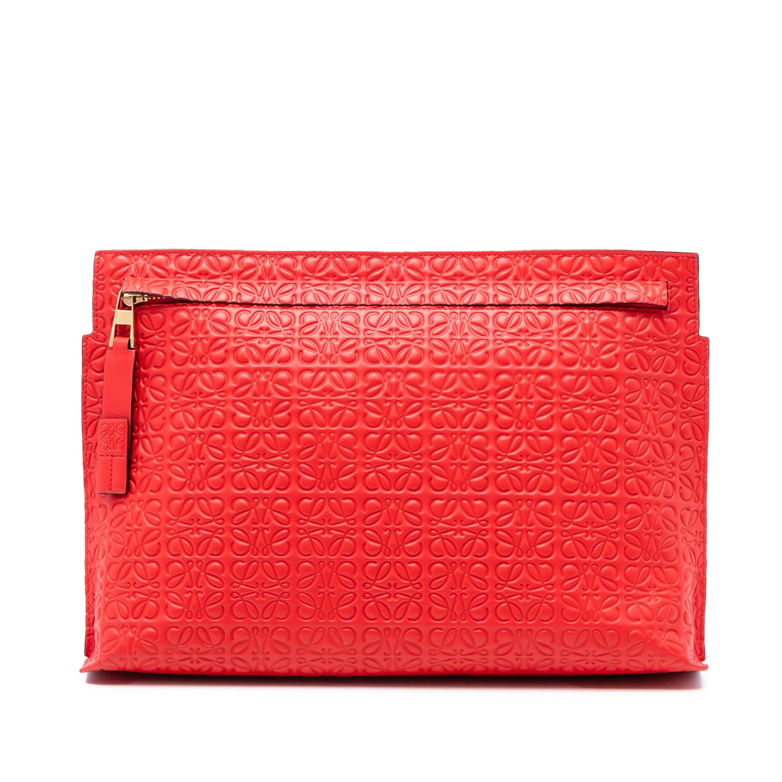 LOEWE Red Leather Anagram Zip Clutch: LOEWE Red Leather Anagram Zip Clutch This clutch bag features a red embossed leather exterior with the signature Anagram pattern. It is designed with a front zip closure and includes an interior slip 