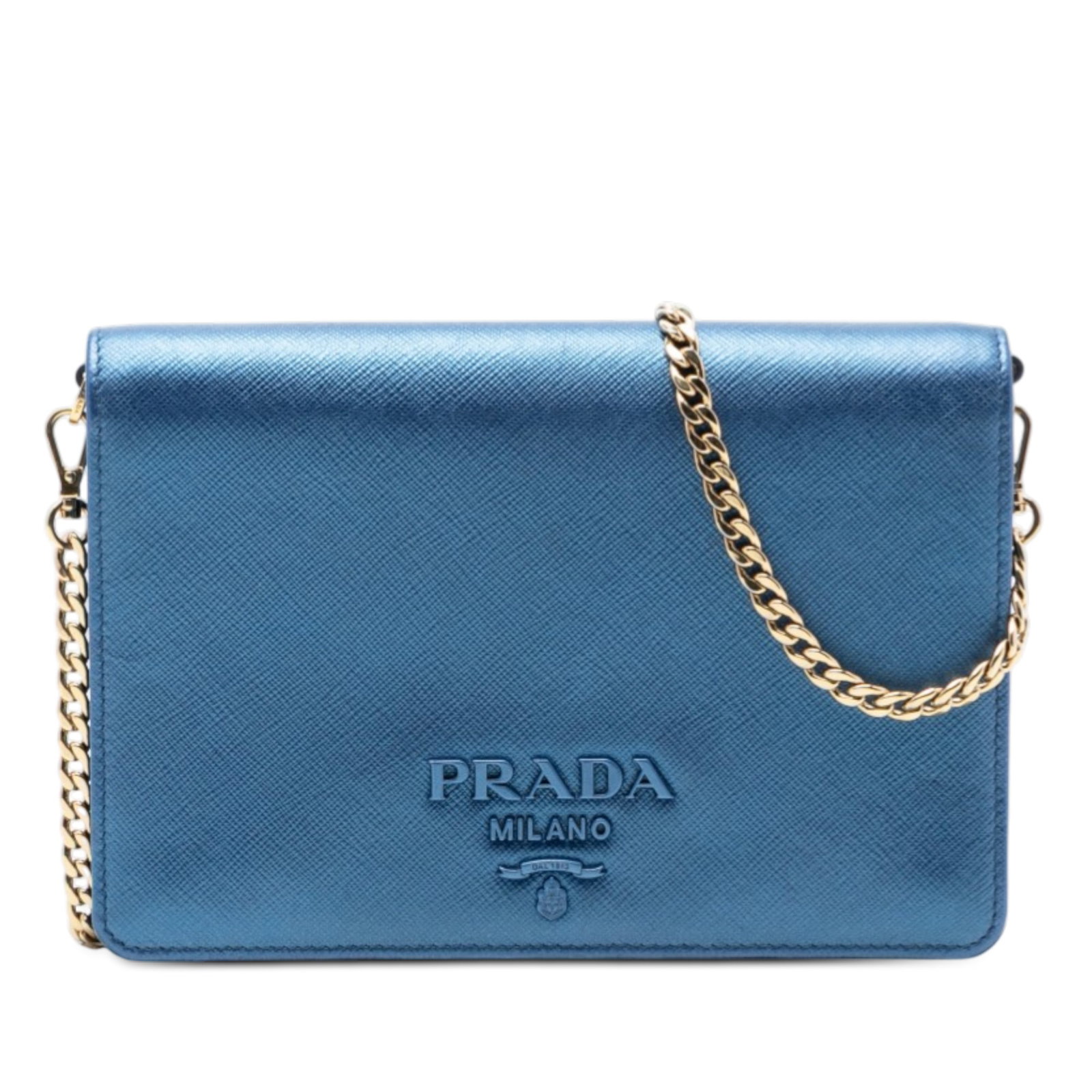 Prada Saffiano Lux Metallic Crossbody Wallet Chain Bag: Prada Saffiano Lux Metallic Crossbody Wallet Chain Bag This Prada Metallic Saffiano Lux Monochrome Wallet on Chain is crafted from durable saffiano leather in a striking blue hue. It features a detach
