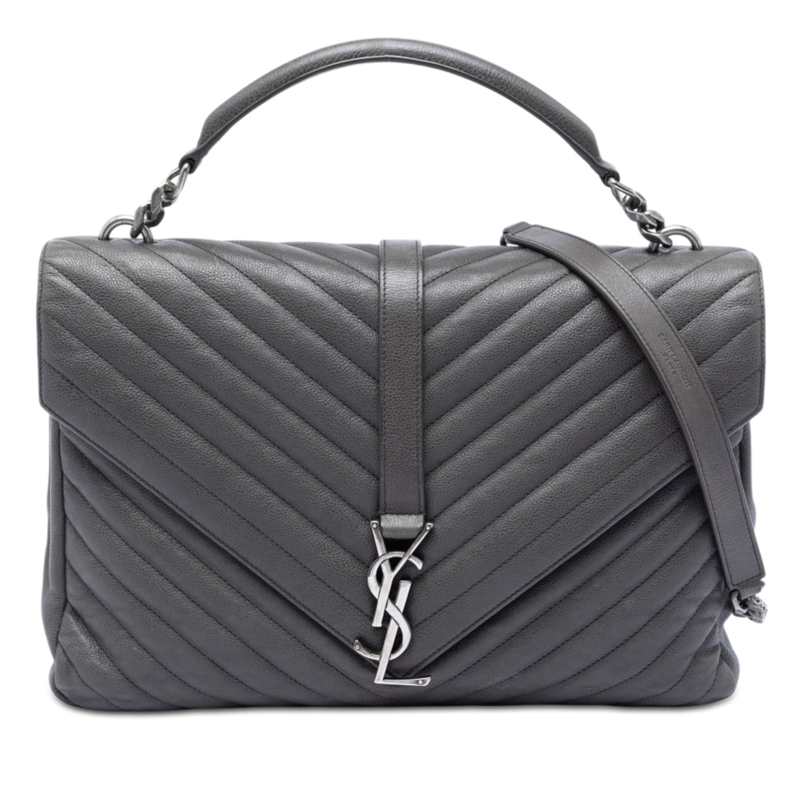 Saint Laurent College Satchel Gray Quilted Sheepskin Leather: Saint Laurent College Satchel Gray Quilted Sheepskin Leather This Saint Laurent Large Chevron Sheepskin Monogram College Satchel is crafted from quilted sheepskin leather in a sophisticated gray tone.