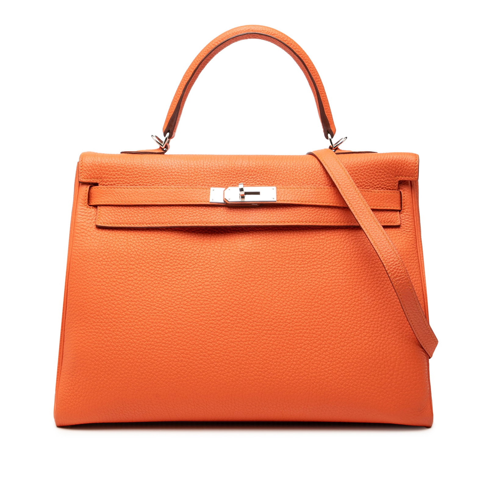 Hermes Orange Togo Leather Kelly II Retourne 35 Handbag with Strap: Hermes Orange Togo Leather Kelly II Retourne 35 Handbag with Strap The Hermes Togo Kelly II Retourne 35 is crafted from orange Togo leather and features a top flat leather handle, a detachable flat le