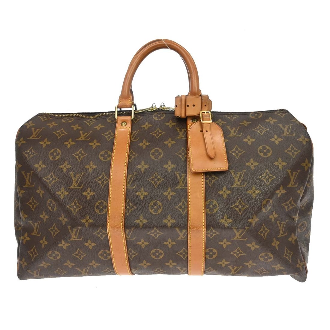 Louis Vuitton Keepall Monogram Canvas Travel Bag 45cm: Louis Vuitton Keepall Monogram Canvas Travel Bag 45cm This Louis Vuitton Keepall Bag features the iconic Monogram canvas in brown, designed for unisex use. The bag shows visible signs of wear, includi