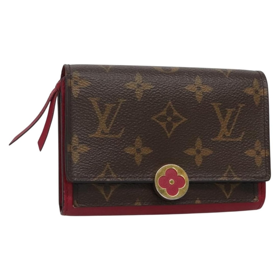 LOUIS VUITTON Fuchsia Monogram Portefeuille Flor Compact Wallet M64588: LOUIS VUITTON Fuchsia Monogram Portefeuille Flor Compact Wallet M64588 Introducing the LOUIS VUITTON Monogram Portefeuille Flor Compact Wallet in a stunning fuchsia hue. This chic wallet is crafted fr