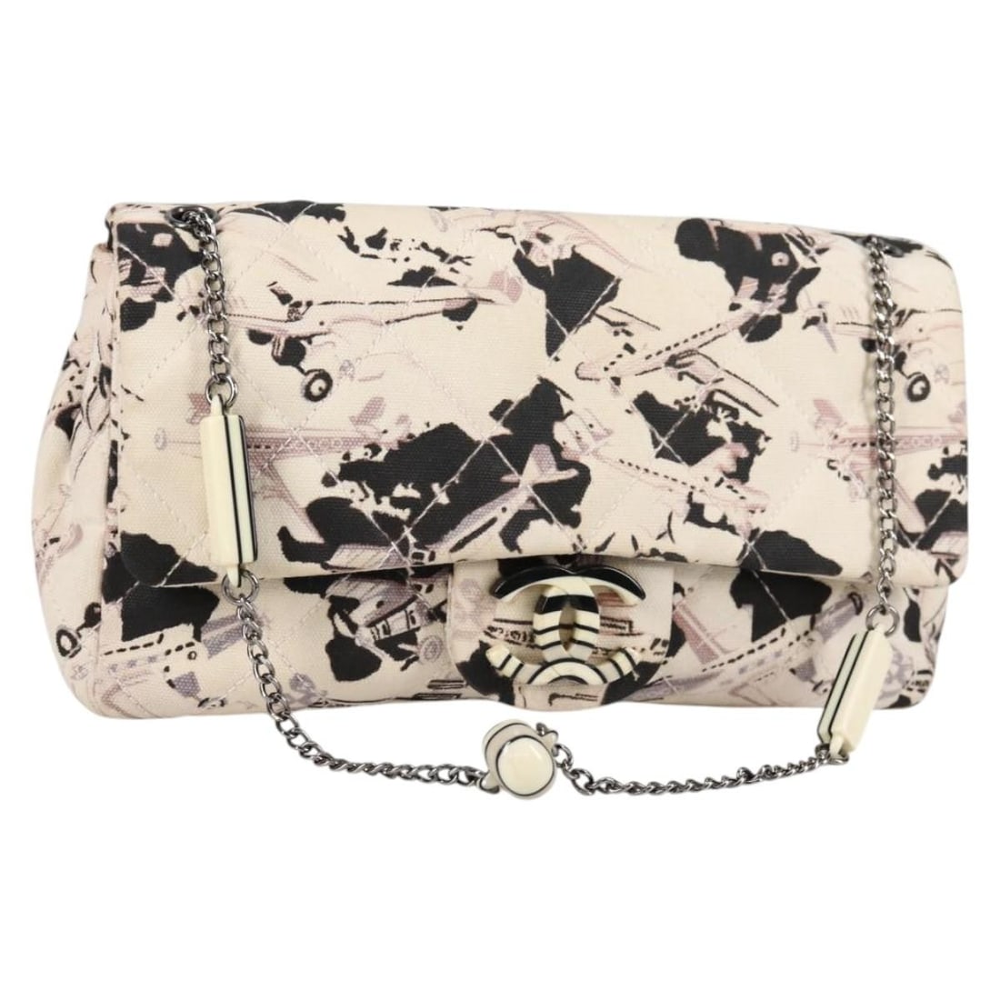 CHANEL Airline Shoulder Bag Beige Canvas Silver Accents Auth Italy: CHANEL Airline Shoulder Bag Beige Canvas Silver Accents Auth Italy This CHANEL Airline Shoulder Bag is a stylish and functional accessory that showcases the brand's iconic luxury. Crafted in Italy fro