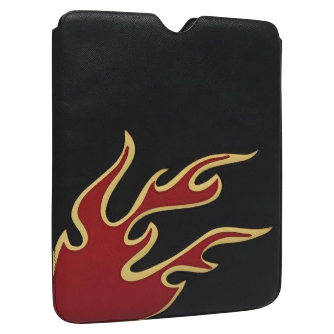 Black Saffiano Leather iPad Sleeve by Prada: Black Saffiano Leather iPad Sleeve by Prada This PRADA iPad case is crafted from black Saffiano leather and designed for women. The case features a sleek silhouette with a height of approximately 25 c