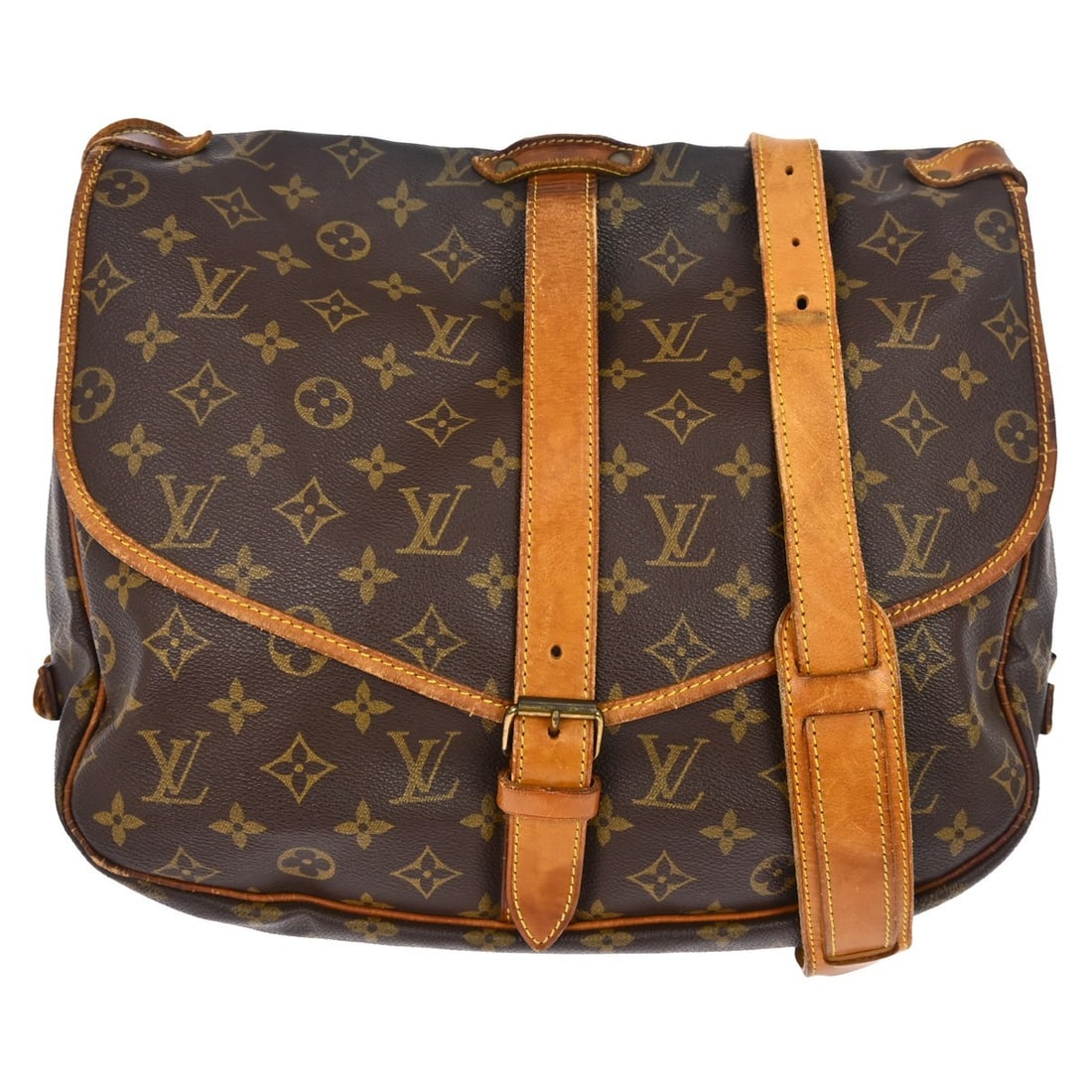 Louis Vuitton Saumur 35 Monogram Canvas Crossbody Bag: Louis Vuitton Saumur 35 Monogram Canvas Crossbody Bag This Louis Vuitton Saumur 35 shoulder bag features the iconic monogram canvas leather exterior, complemented by brown leather trim and a crossbody