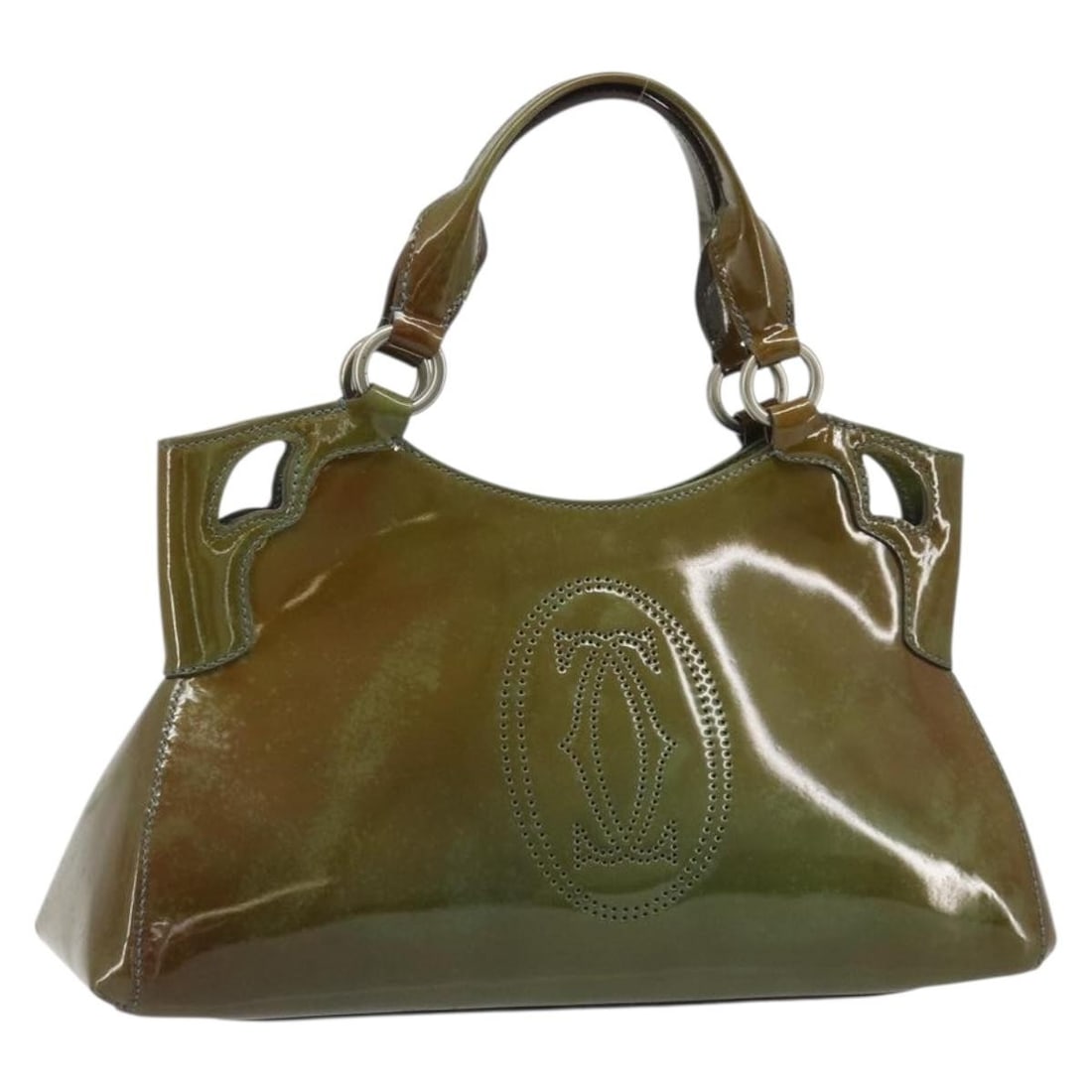 Cartier Marcello Green Patent Leather Handbag with Silver Accents and Card: Cartier Marcello Green Patent Leather Handbag with Silver Accents and Card This CARTIER Marcello hand bag is crafted from patent leather in green and silver, featuring a structured silhouette. Designe
