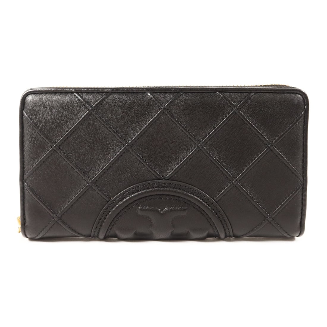 Black Calfskin Long Wallet by Tory Burch with Gold Hardware: Black Calfskin Long Wallet by Tory Burch with Gold Hardware This Tory Burch long wallet features a classic round-around zip design crafted from high-quality black calfskin leather. Designed for women,