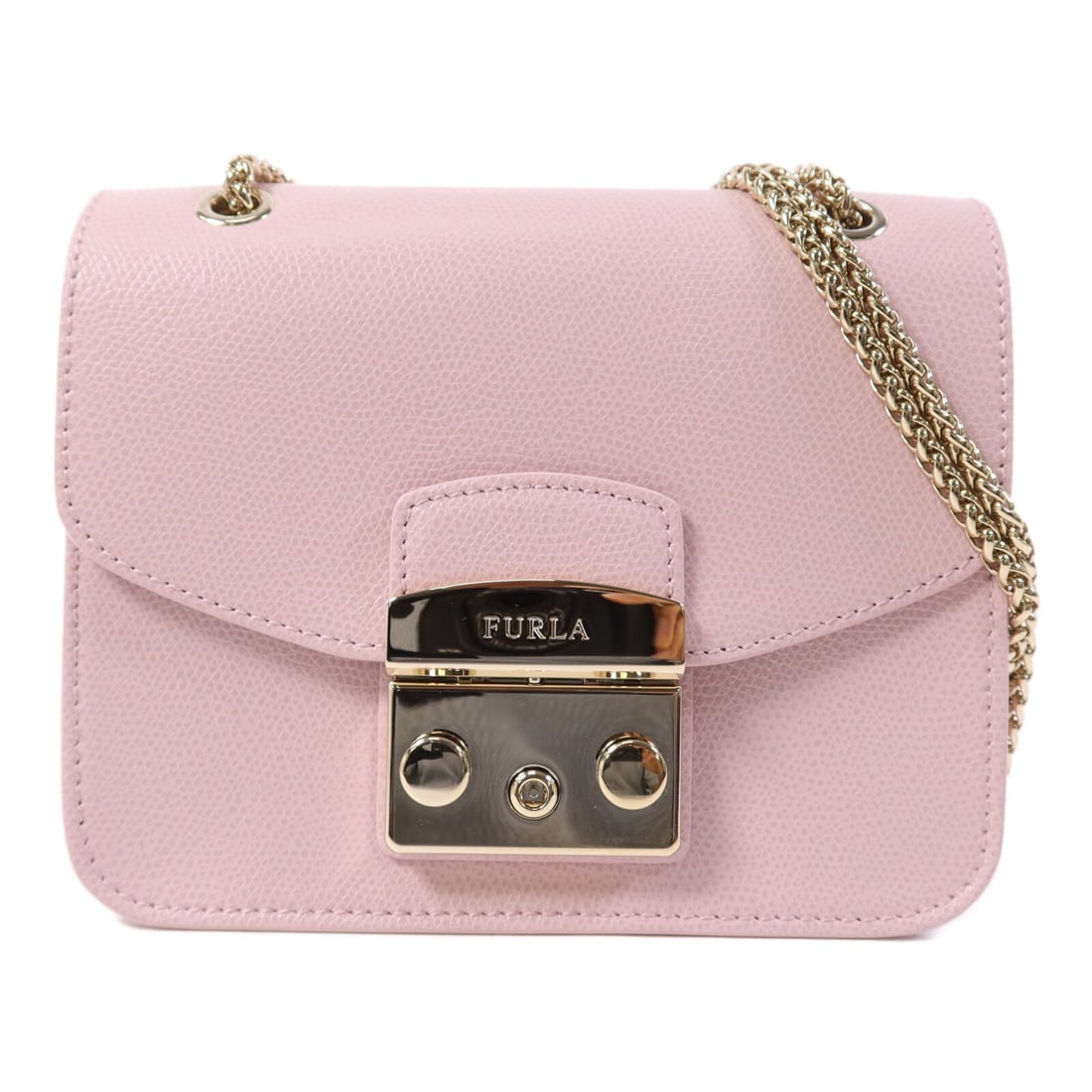 Furla Mini Metropolis Pink Calfskin Shoulder Bag GHW: Furla Mini Metropolis Pink Calfskin Shoulder Bag GHW This Furla Mini Metropolis chain shoulder bag features a stylish pink calfskin leather exterior and a compact, structured silhouette. Designed for 