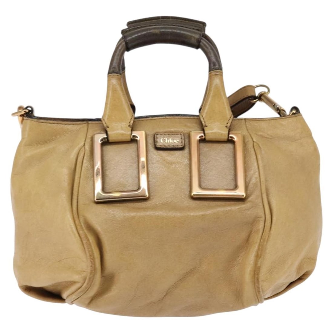 Beige Leather Ethel Handbag by Chloe 24cm x 18cm x 16cm: Beige Leather Ethel Handbag by Chloe 24cm x 18cm x 16cm This pre-owned Chloe Ethel handbag for women features beige leather construction with metal fittings. It shows signs of use including surface lo