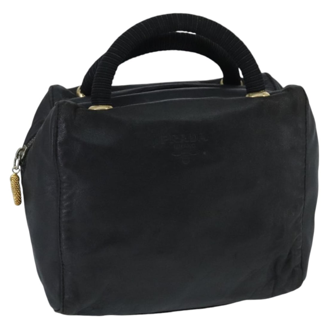 Prada Black Leather Women's Handbag with Gold Accents Italy: Prada Black Leather Women's Handbag with Gold Accents Italy This PRADA handbag is crafted from black leather with gold-tone accents, designed for women. The bag features a compact structure with a sin