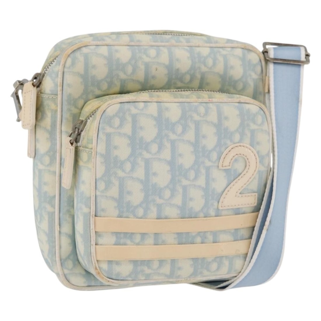 Christian Dior Trotter Canvas PVC Shoulder Bag Light Blue Silver Italy: Christian Dior Trotter Canvas PVC Shoulder Bag Light Blue Silver Italy This Christian Dior Trotter Canvas shoulder bag features a light blue and silver color scheme with PVC leather and canvas materia