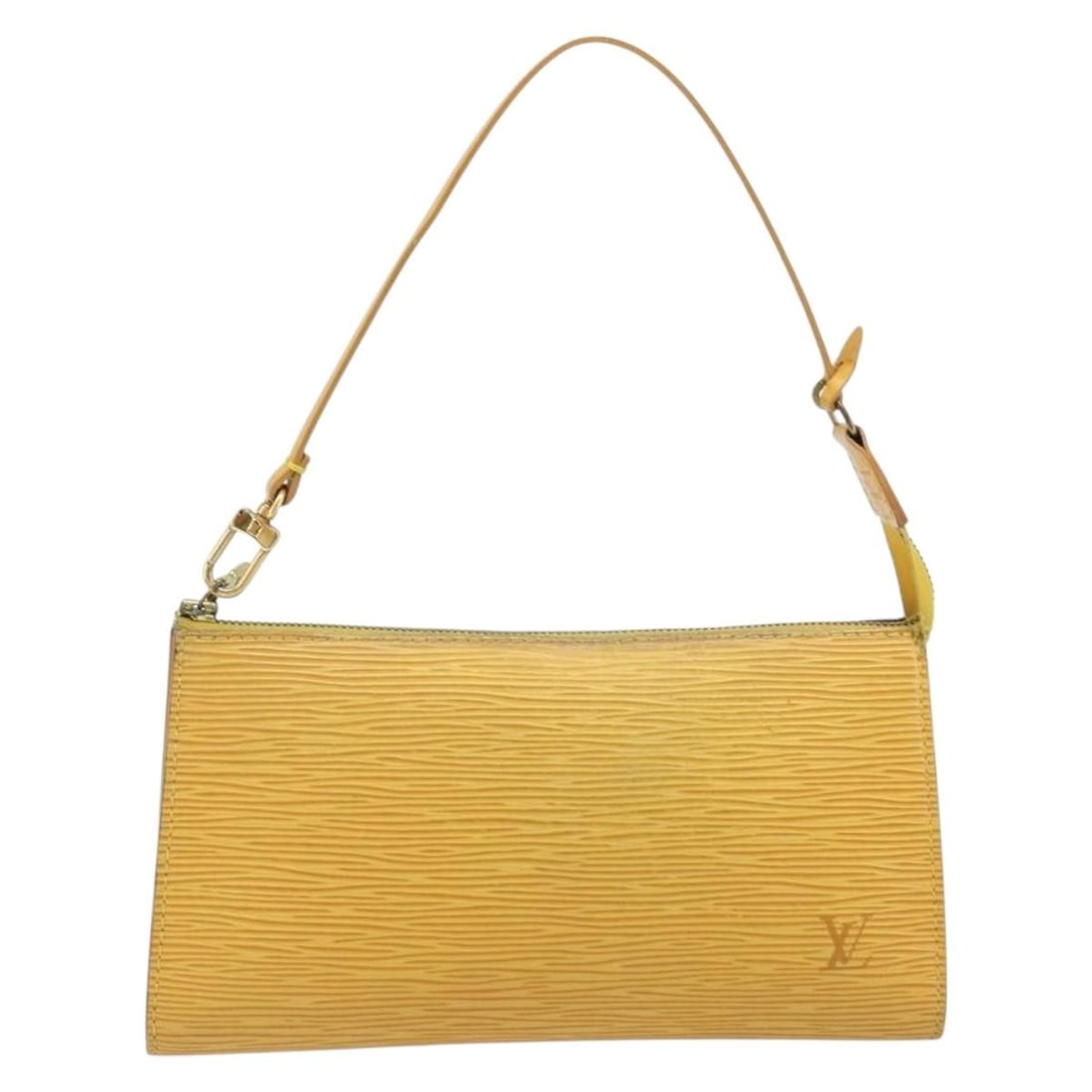 Yellow Epi Leather Pochette Accessoires Handbag by Louis Vuitton: Yellow Epi Leather Pochette Accessoires Handbag by Louis Vuitton This Louis Vuitton Pochette Accessoires is crafted from Epi leather in yellow and designed for women. The bag features a simple silhoue