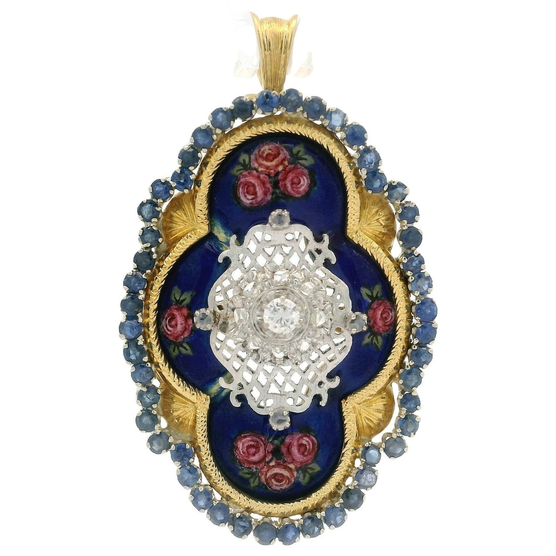 Toliro 18k Gold Floral Pendant with Sapphire and Diamond: Toliro 18k Gold Floral Pendant with Sapphire and Diamond This exquisite pendant is a stunning representation of Italian craftsmanship, featuring a floral design that beautifully integrates vibrant blu