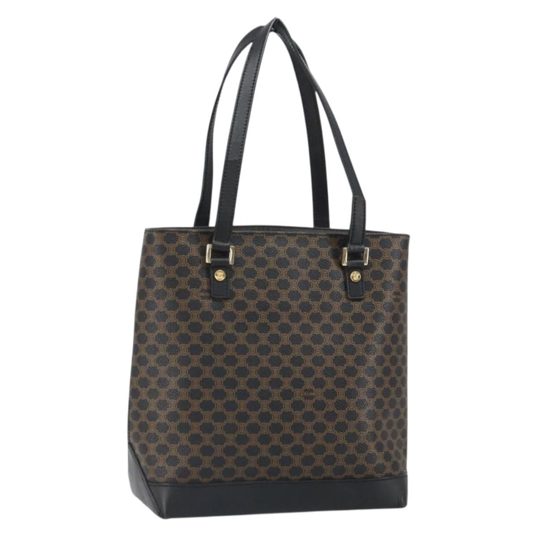 Celine Macadam Black PVC Leather Tote with Gold Accents: Celine Macadam Black PVC Leather Tote with Gold Accents This CELINE Macadam Canvas Tote Bag features a combination of black PVC leather and Macadam canvas with gold-tone accents. Designed and crafted 