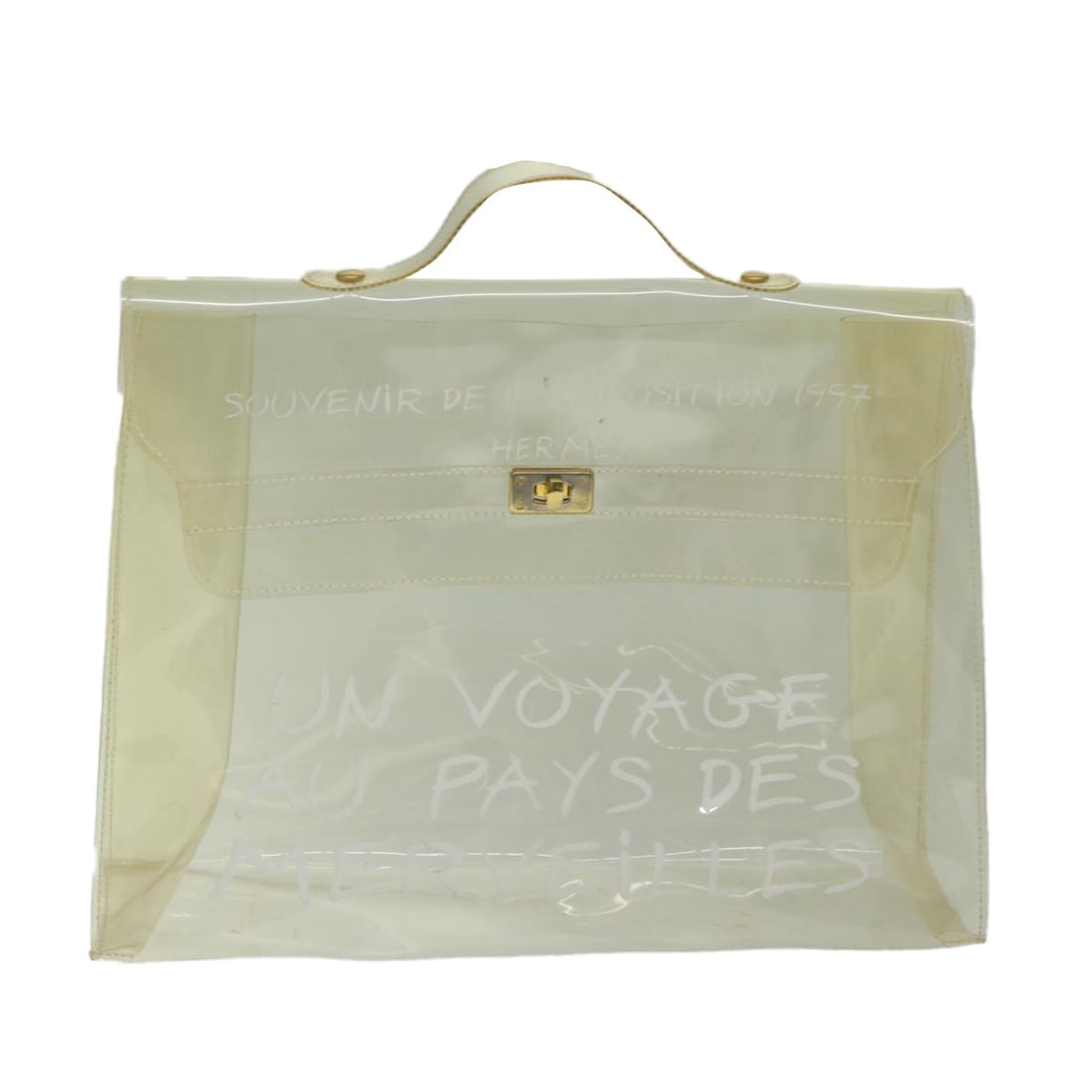 Clear Plastic Kelly Souvenir Tote by Hermes France 39cm: Clear Plastic Kelly Souvenir Tote by Hermes France 39cm This Hermes Kelly Souvenir Bag is crafted from clear plastic and features a spacious design. Designed for women, it includes a sturdy handle and