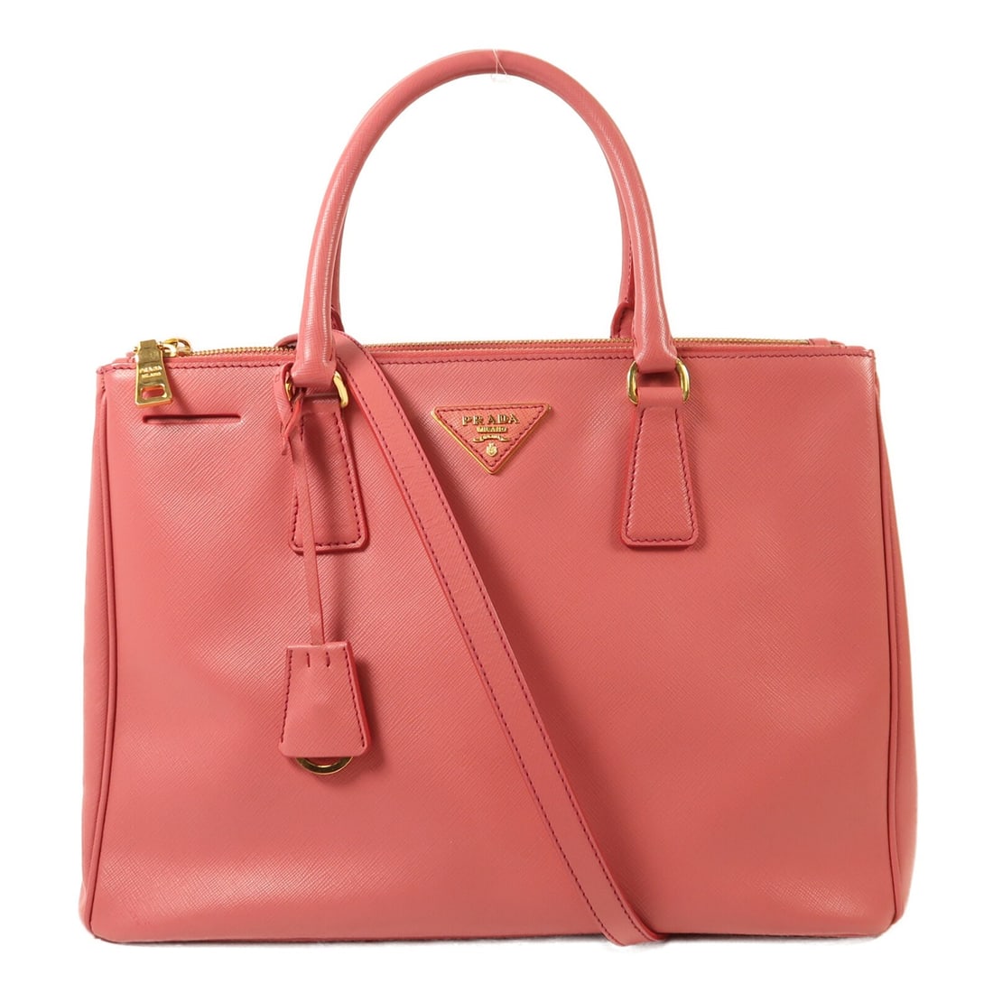 Pink Prada Saffiano Lux Medium Tote Double Zip Calfskin Leather BN2274: Pink Prada Saffiano Lux Medium Tote Double Zip Calfskin Leather BN2274 This Prada Saffiano Lux Medium Double Zip Tote Bag features a pink calfskin exterior and a classic tote silhouette. Crafted in It