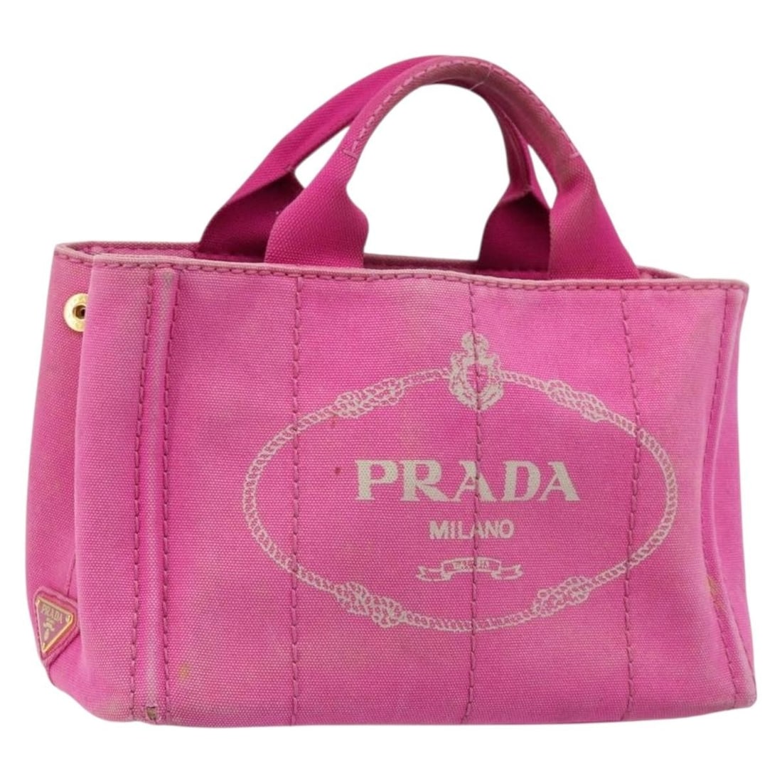 Pink and Gold Canvas Canapa PM Tote by Prada: Pink and Gold Canvas Canapa PM Tote by Prada This PRADA Canapa PM handbag is crafted from pink and gold canvas, offering a stylish accessory for women. It features a spacious interior, dual top handle