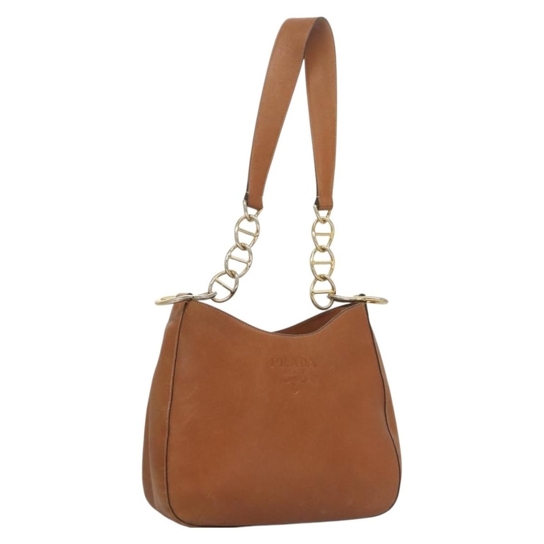 PRADA Brown Gold Leather Chain Shoulder Bag Made in Italy: PRADA Brown Gold Leather Chain Shoulder Bag Made in Italy This PRADA Chain Shoulder Bag is a stylish accessory crafted from high-quality leather in an elegant brown and gold color combination. Designe