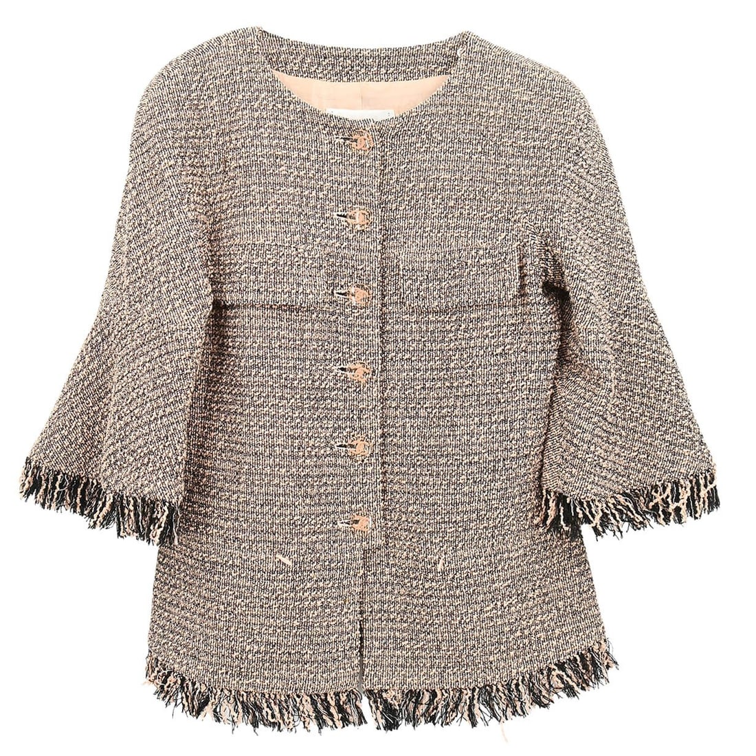 Pink Tweed Collarless Mid-Length Jacket by Chanel Size 38: Pink Tweed Collarless Mid-Length Jacket by Chanel Size 38 This Chanel single breasted collarless tweed jacket features a mid-length design with long sleeves and a regular fit. Crafted from 90% cotton 