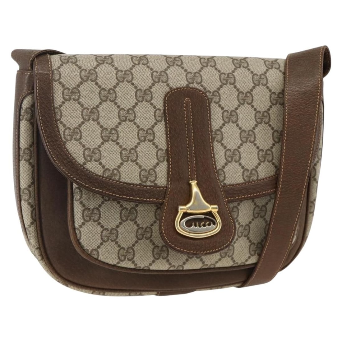 GG Supreme Beige and Gold PVC Leather Shoulder Bag by Gucci: GG Supreme Beige and Gold PVC Leather Shoulder Bag by Gucci This is an authentic Gucci GG Supreme shoulder bag crafted from PVC leather and GG canvas in gold and beige tones. The bag features a spacio