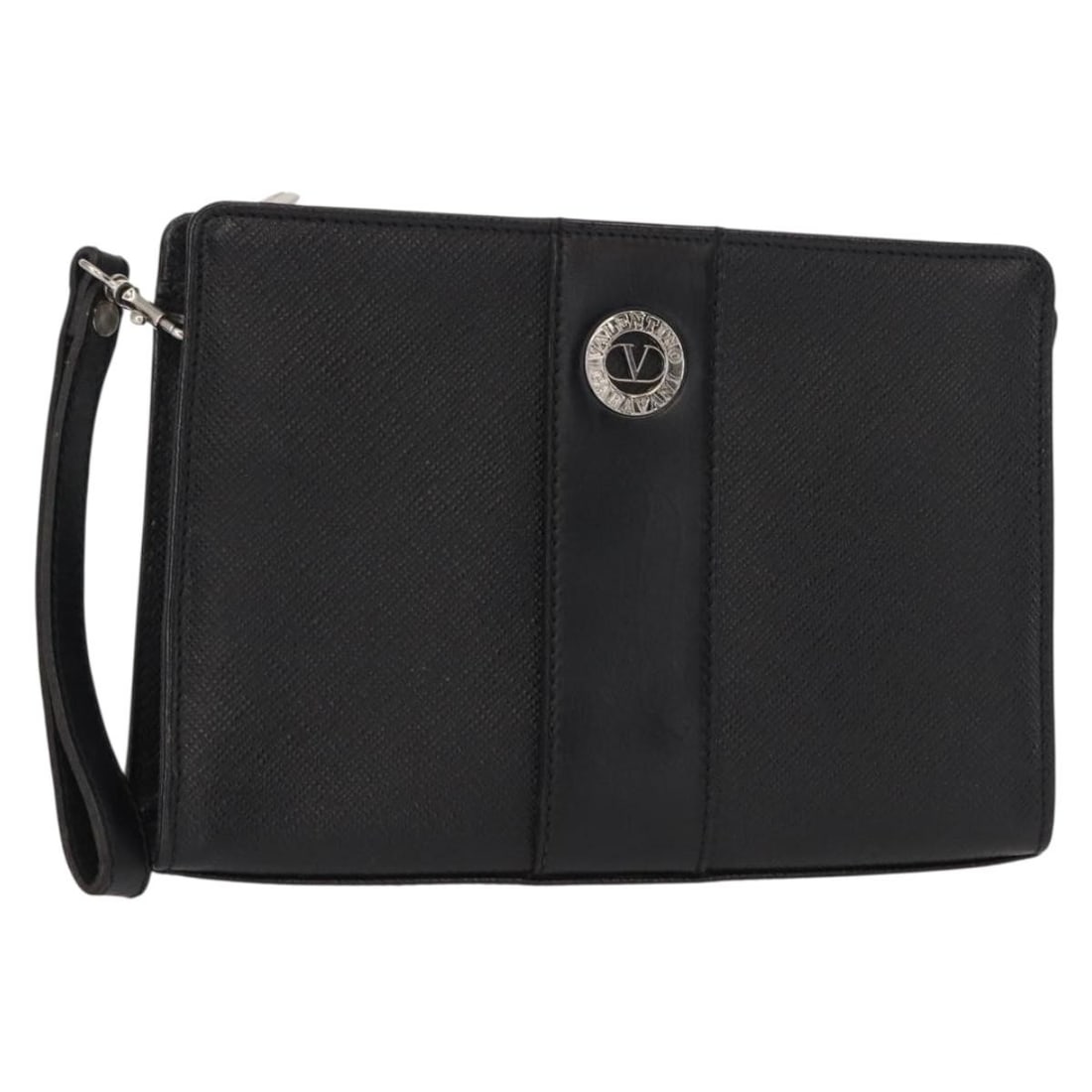 VALENTINO Leather Clutch Bag Black Silver Authentic Italy: VALENTINO Leather Clutch Bag Black Silver Authentic Italy This stylish VALENTINO clutch bag is crafted from high-quality leather in a striking black and silver color scheme. With approximate dimension