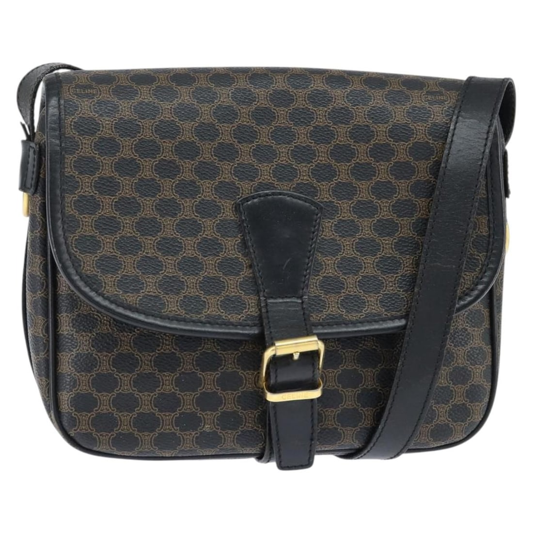 CELINE Macadam PVC Leather Shoulder Bag Black Gold Italy: CELINE Macadam PVC Leather Shoulder Bag Black Gold Italy This CELINE Macadam shoulder bag is crafted from durable PVC leather and features the iconic Macadam canvas in a black and gold color scheme. D