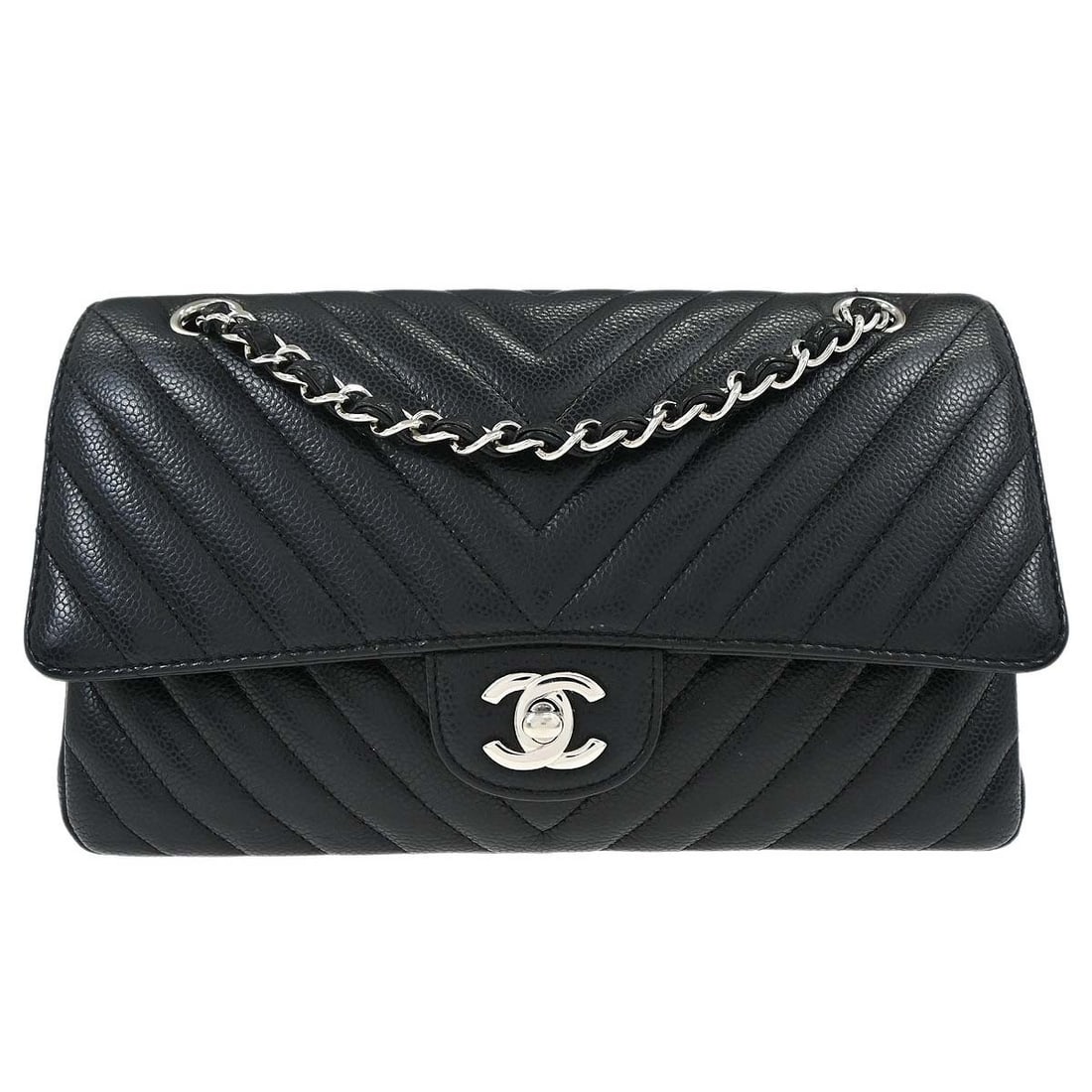 Chanel Classic Double Flap Medium Chevron Black Leather Shoulder Bag: Chanel Classic Double Flap Medium Chevron Black Leather Shoulder Bag This Chanel Medium Classic Double Flap Shoulder Bag features a black calfskin leather exterior with a chevron pattern. It is design