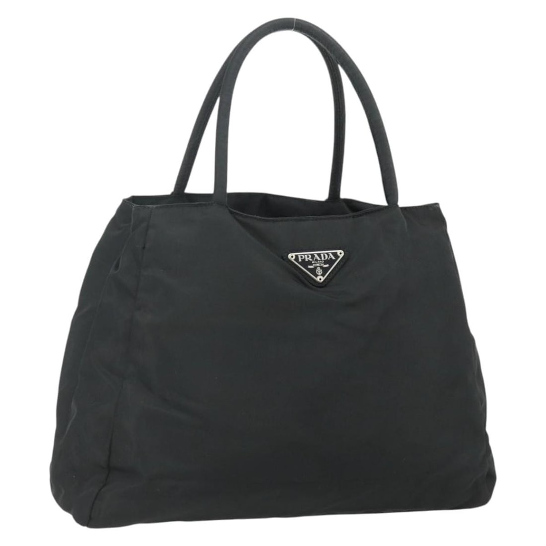 Prada black nylon handbag silver trim Italy 12.6 x 10.2 x 4.3: Prada black nylon handbag silver trim Italy 12.6 x 10.2 x 4.3 This PRADA handbag is crafted from black nylon with silver-tone accents. Designed for women, it features a classic hand bag style with a s