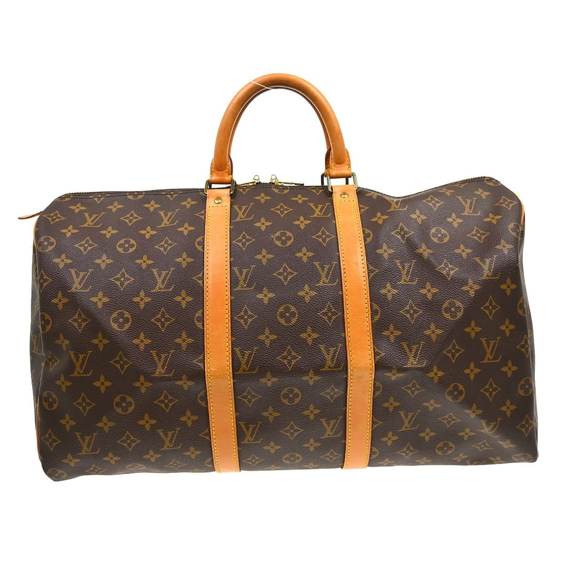 Louis Vuitton Keepall Monogram Canvas Travel Bag 50cm: Louis Vuitton Keepall Monogram Canvas Travel Bag 50cm This Louis Vuitton Keepall Bag features the iconic Monogram canvas in brown and is designed for unisex use. The bag shows visible signs of wear, i