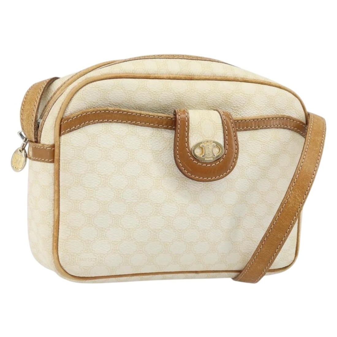 Celine Macadam Ivory Gold PVC and Leather Women's Shoulder Bag: Celine Macadam Ivory Gold PVC and Leather Women's Shoulder Bag This is a CELINE Macadam Canvas shoulder bag featuring PVC leather in ivory and gold tones. The bag shows heavy use with visible signs of