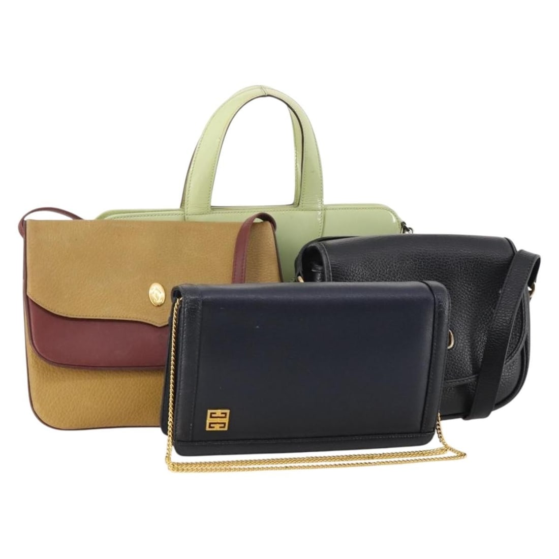 Valentino leather shoulder bag black beige green set of 4: Valentino leather shoulder bag black beige green set of 4 This special set includes four women's shoulder bags from Valentino, crafted from a mix of leather and patent leather in black, beige, and gre