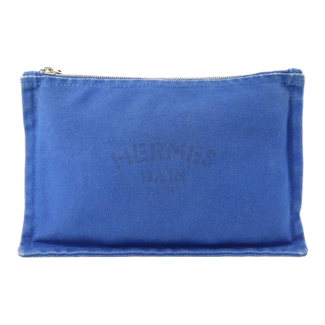 Blue Canvas Flat Pouch by Hermes with Palladium Hardware: Blue Canvas Flat Pouch by Hermes with Palladium Hardware This is an HERMES flat pouch crafted from blue canvas, featuring palladium hardware. Designed for unisex use, it offers a compact and versatile