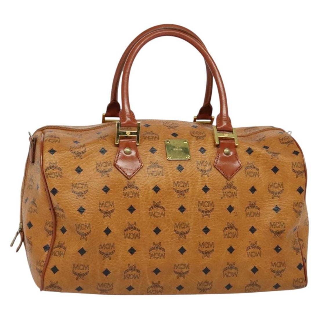 MCM Logogram Vicetos Boston Bag Brown Gold PVC Leather Auth 137869: MCM Logogram Vicetos Boston Bag Brown Gold PVC Leather Auth 137869 This MCM Logogram Vicetos Boston Bag is crafted from durable PVC leather, featuring an elegant combination of brown and gold tones. D