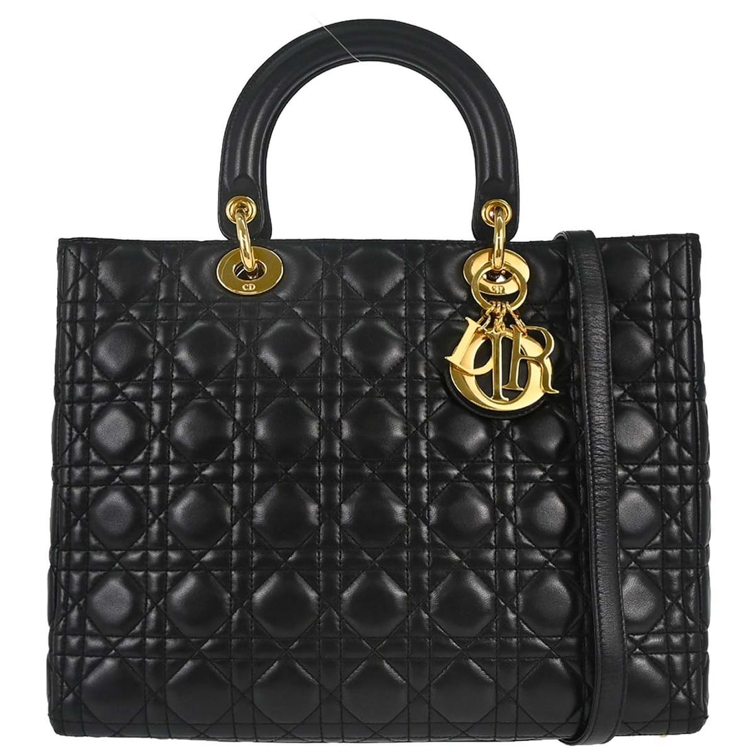 Dior Lady Dior Black Lambskin Cannage Satchel 2way Handbag: Dior Lady Dior Black Lambskin Cannage Satchel 2way Handbag This Christian Dior Lady Dior handbag features black lambskin leather with the signature Cannage quilting. Designed in a large satchel/top ha