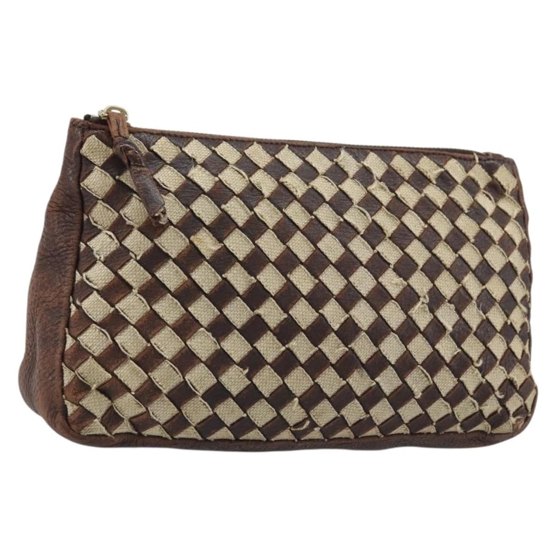 Bottega Veneta Intrecciato Canvas and Leather Brown Gold Women's Pouch: Bottega Veneta Intrecciato Canvas and Leather Brown Gold Women's Pouch This Bottega Veneta Intrecciato pouch is crafted from brown and gold canvas with leather accents. The pouch is designed for women