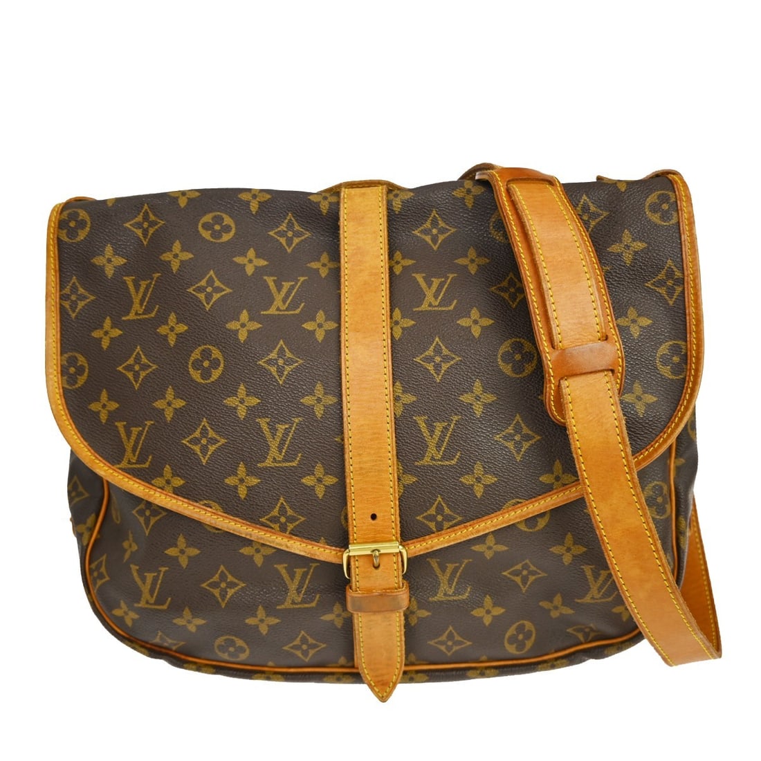 Louis Vuitton Saumur Monogram Canvas Handbag: Louis Vuitton Saumur Monogram Canvas Handbag This Louis Vuitton Saumur Handbag features the iconic Monogram Canvas in a classic brown color. Designed for unisex use, it offers ample space with its gen